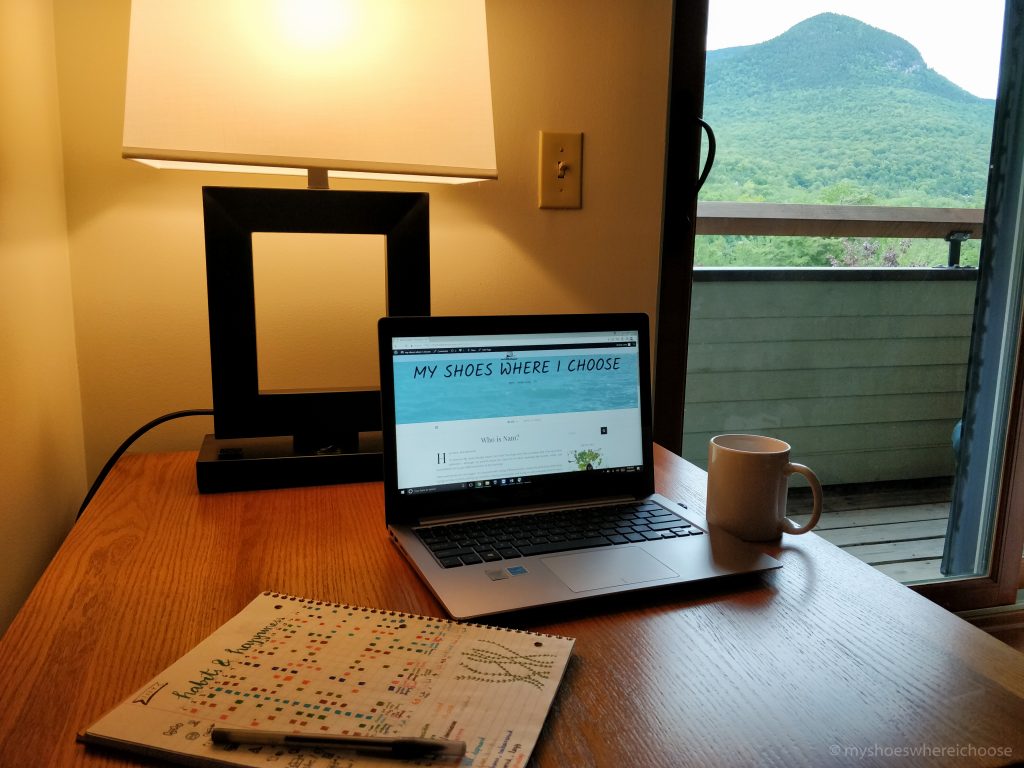 Laptop with blog, habit tracker, mountain in the background