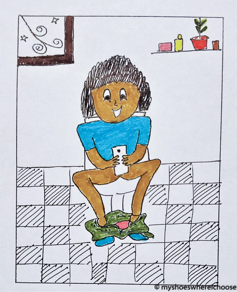 Illustration of a girl sitting on the toilet with her phone.