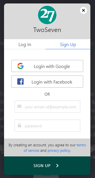 Login component on twoseven.xyz