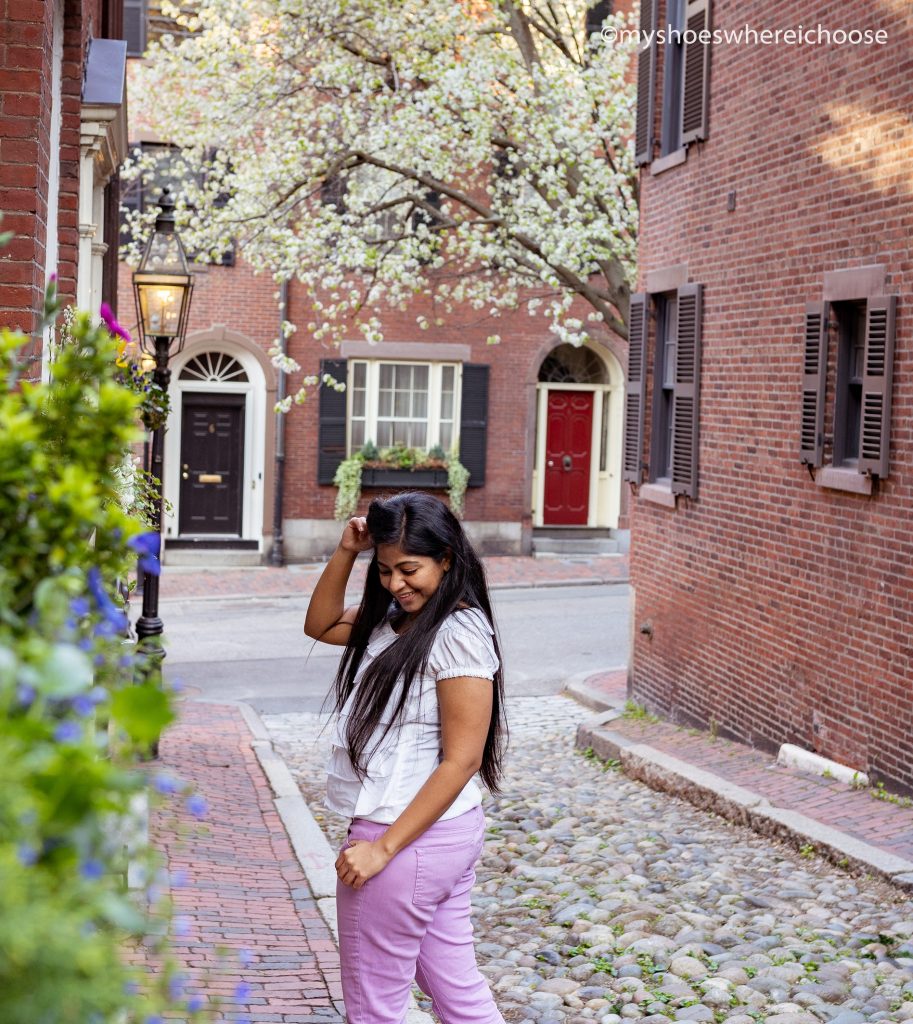 Girl on Acorn Street, Boston - the most instagrammable place in boston
