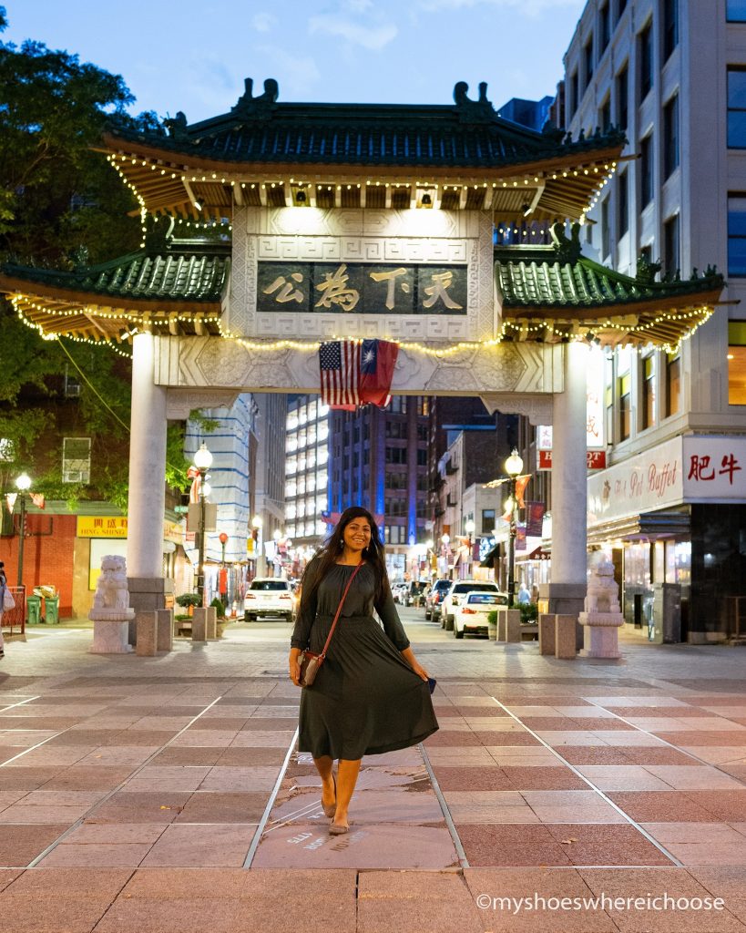 Girl at Chinatown Gateway - instagrammable place in Boston