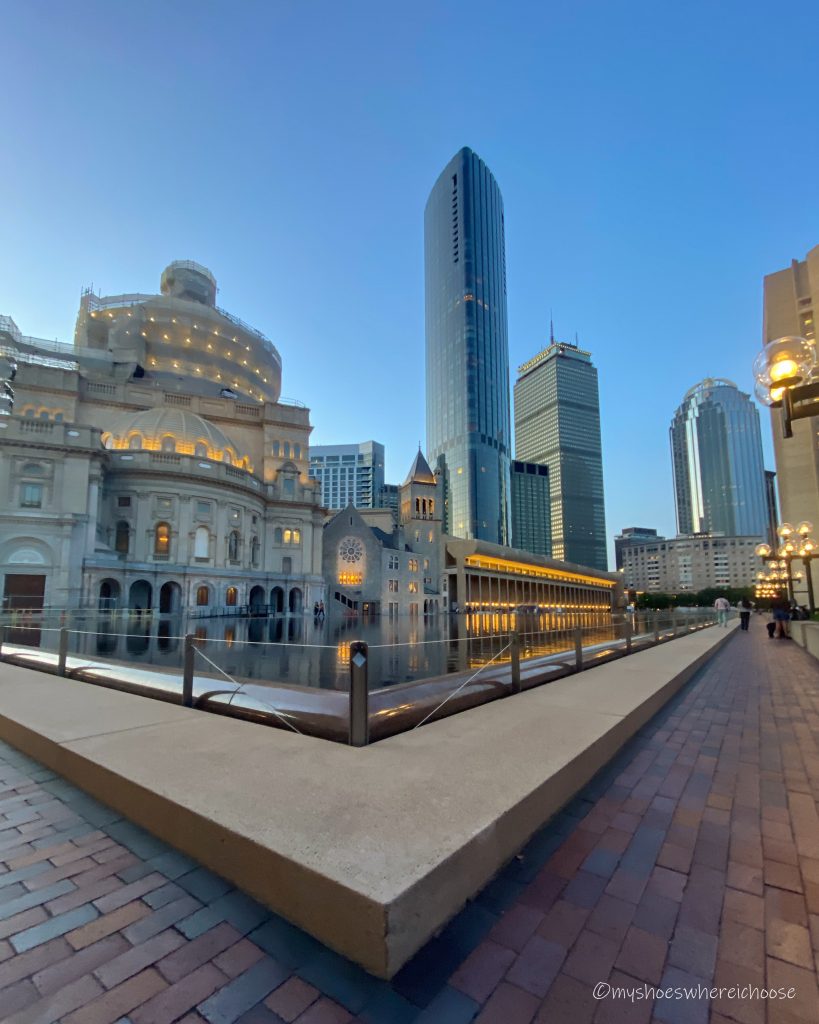 Boston skyline view from Christian Science Center with wide angle lens