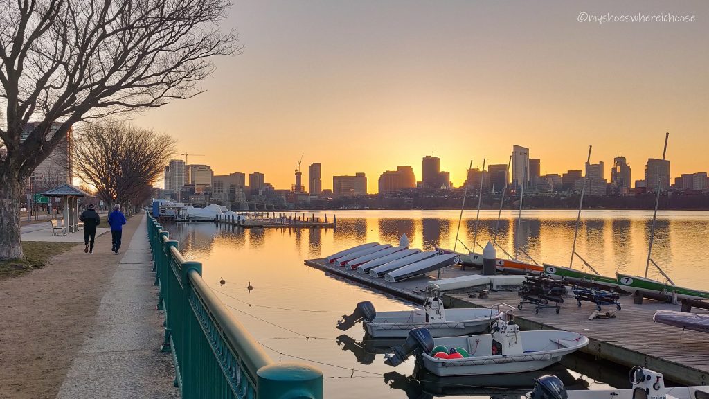 Boston skyline view from Memorial Drive at dawn